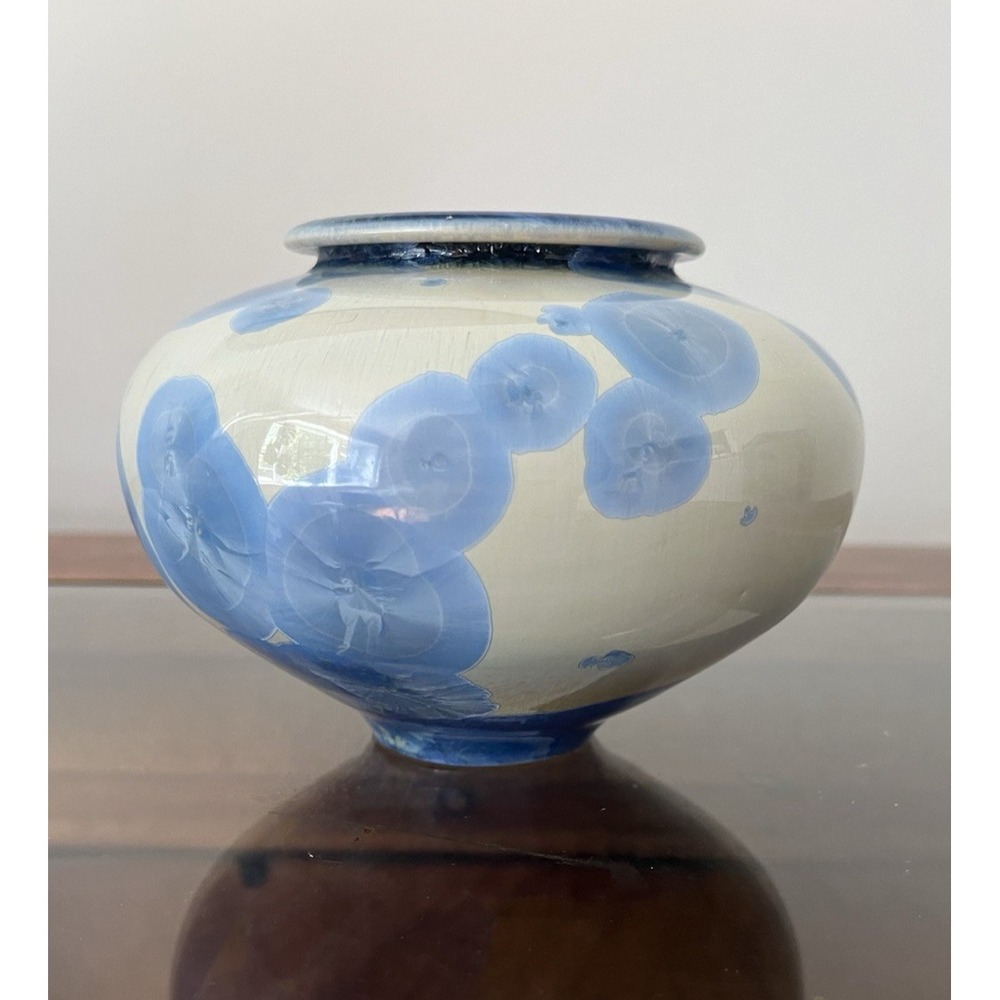 John Mankameyer Manka Blue Ivory Vase Crystalline Glaze 4" Bulbous Porcelain 87